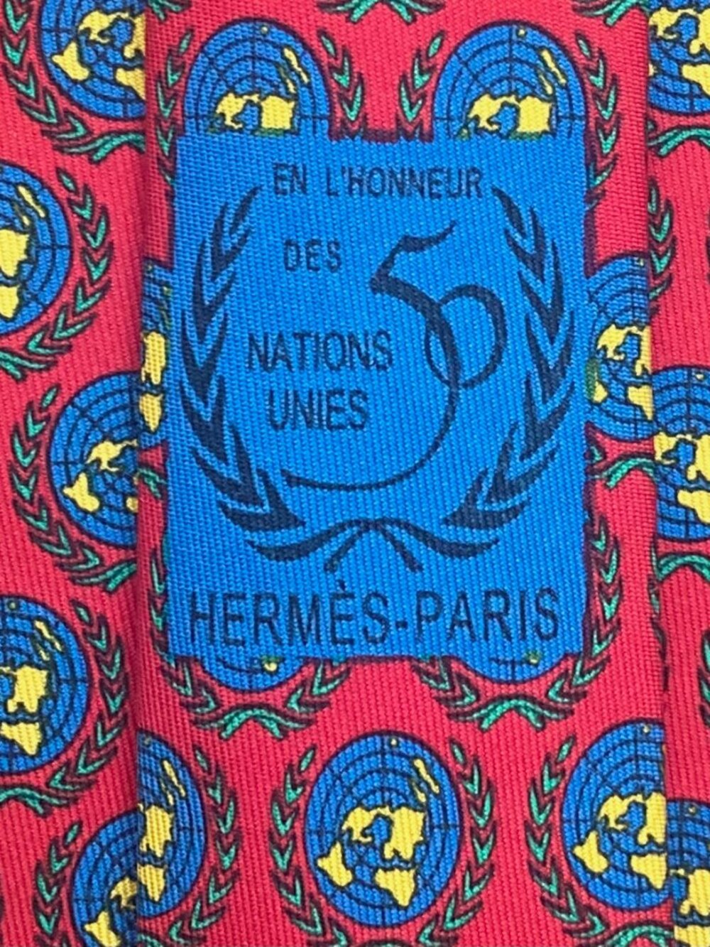 MINT LTD RARE HERMES TIE ~ RED UNITED NATIONS LOGO ~ GLOBE & OLIVE LEAVES